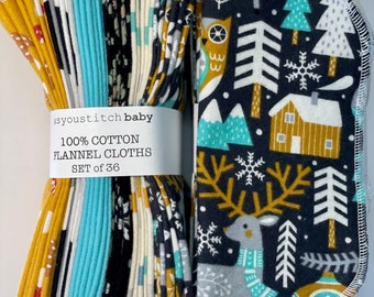 Handmade. Cloth Baby Wipes . 8x8 cotton flannel. Eco friendly reusable washable cloth wipes and/or napkins.  Winter Forest