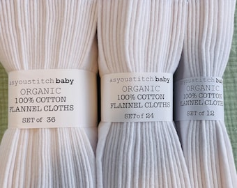 Handmade. Organic Cloth Baby Wipes . 8x8 organic cotton flannel.  Reusable washable cloth wipes and/or napkins.  100% GOTS certified. White