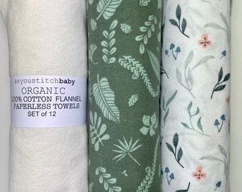 100% Organic Cotton Flannel Towels. Reusable Paper Towels. All Cotton. Un-Paper Towels. Paperless Towels 12x10 in.