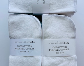 Handmade. Cloth Baby Wipes. 8x8 cotton flannel. Eco friendly reusable washable cloth wipes and/or napkins. White