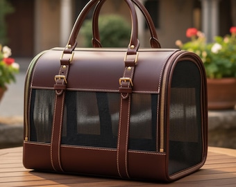 Luxury Brown Leather Pet Carrier | Airline Approved Dog & Cat Travel Bag | Personalized Name Embossing | Mesh Ventilation | Pet Lovers