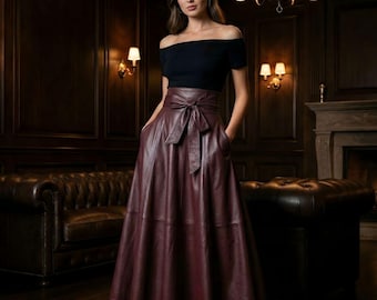 Sheep Leather Midi Skirt | High Waisted Leather Skirt | Women's Elegant Long Skirt