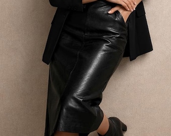 Genuine Black Leather Pencil Skirt | High Waist Cowhide Midi Bottom | Custom Fitted Office Wear | Premium Real Hide Women Apparel