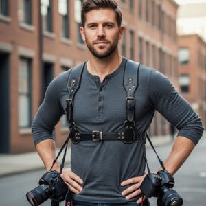 Adjustable Leather Dual Camera Harness Strap | Full Grain Chest Mount Camera Vest| Professional Photographer Camera Harness
