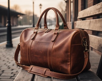 Classic Full-Grain Leather Duffel Bag -Unisex Handmade Brown Weekender | Vintage Travel Bag with Shoulder Strap | Carry-On Overnight Gym Bag