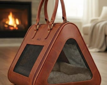 Luxury Triangle Leather Pet Carrier | Handmade Travel Bag for Cats & Small Dogs | Ventilated Pet Tote with Mesh Panels | Detachable Pad