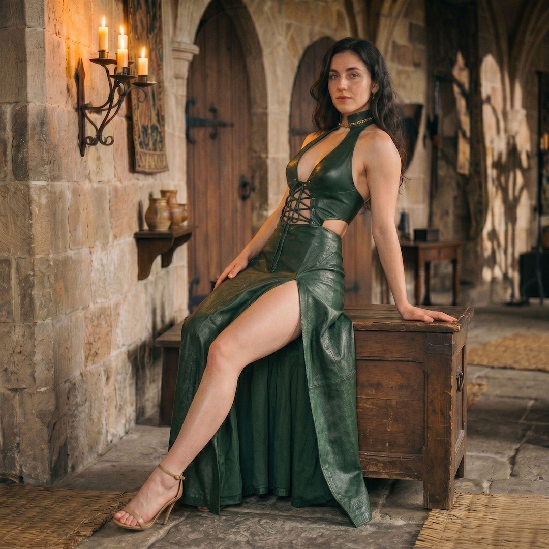 Green Leather Halter Maxi Dress | Lace up Fantasy Cosplay Gown | Women's High Slit Elven Costume | Renaissance Faire Outfit - Etsy