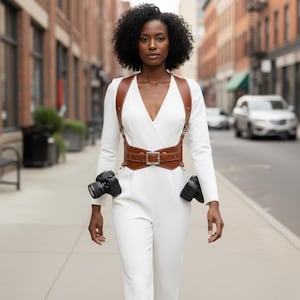 May include: A brown leather camera harness with two attached cameras. The harness has a chest strap and a waist belt with a silver buckle. The person is wearing a white jumpsuit and walking on a city pavement.