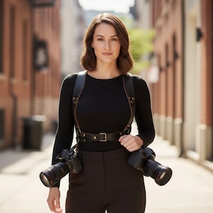 May include: A person wearing a black top and dark trousers, with a leather camera harness holding two black cameras. The background is a brick-lined street with buildings on either side.