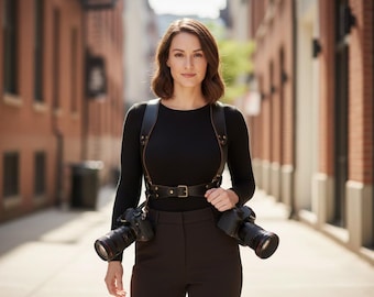 Adjustable Leather Dual Camera Harness Strap | Full Grain Chest Mount Camera Vest| Professional Photographer Camera Harness