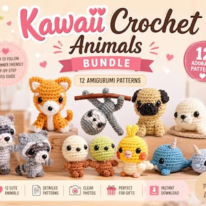 Peut inclure: Un ensemble de 12 patrons d'animaux amigurumi au crochet. L'image présente divers animaux faits à la main, dont un renard, un raton laveur, un paresseux, un carlin et un narval. Le texte "Kawaii Crochet Animals Bundle" est affiché en haut, avec d'autres textes.