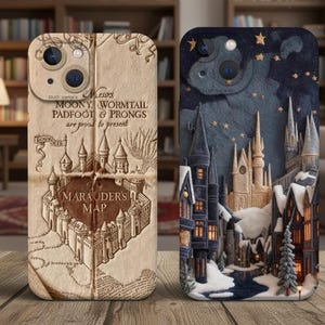 May include: Two phone cases. One features a vintage map design with text that reads "Marauder's Map." The other case depicts a snowy castle scene under a starry night sky. Both cases have camera cutouts.