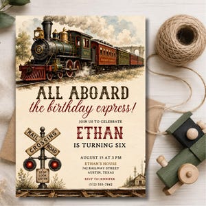 May include: A birthday invitation card featuring a vintage steam locomotive and a railroad crossing sign. The text reads: All aboard the birthday express! Join us to celebrate Ethan is turning six, August 15 at 3 PM, 742 Railway Street, Austin, Texas.