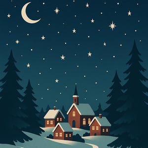 May include: A digital illustration depicting a winter night scene. The words "SILENT NIGHT" are at the top, with a crescent moon and stars in a dark blue sky. Below, a village with red-roofed houses and a church is nestled in a snowy landscape.