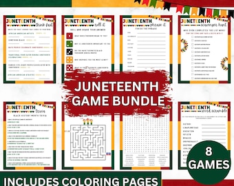 May include: A Juneteenth game bundle with eight different games, including trivia, word scramble, and a scavenger hunt. The bundle includes coloring pages and features a red, black, and green color scheme. The text "Juneteenth Game Bundle" is prominently displayed.