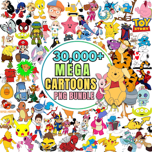 Tecknad MEGA-paket – 30 000+ färgglada detaljerade PNG-designer – Spel- och tecknad samling, seriefigurer, t-shirtdesign