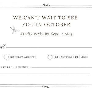 May include: Formal invitation card with a decorative border and the text "WE CAN'T WAIT TO SEE YOU IN OCTOBER." Includes prompts for the recipient's name, acceptance, and dietary needs. A hummingbird graphic is present.