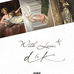 May include: A wedding invitation design featuring three classical paintings. The text "With Love, d&k" is written in elegant script, accompanied by a small hummingbird illustration. A QR code and website address are also included.