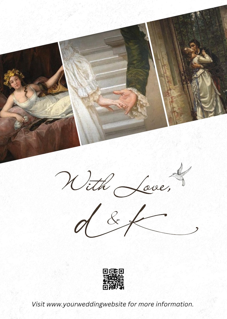 May include: A wedding invitation design featuring three classical paintings. The text "With Love, d&k" is written in elegant script, accompanied by a small hummingbird illustration. A QR code and website address are also included.