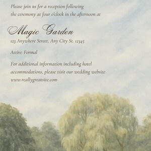 May include: Wedding invitation with a watercolor landscape scene. The text reads "The Details" at the top, followed by an invitation to a reception at "Magic Garden." Includes address, attire, and website information.