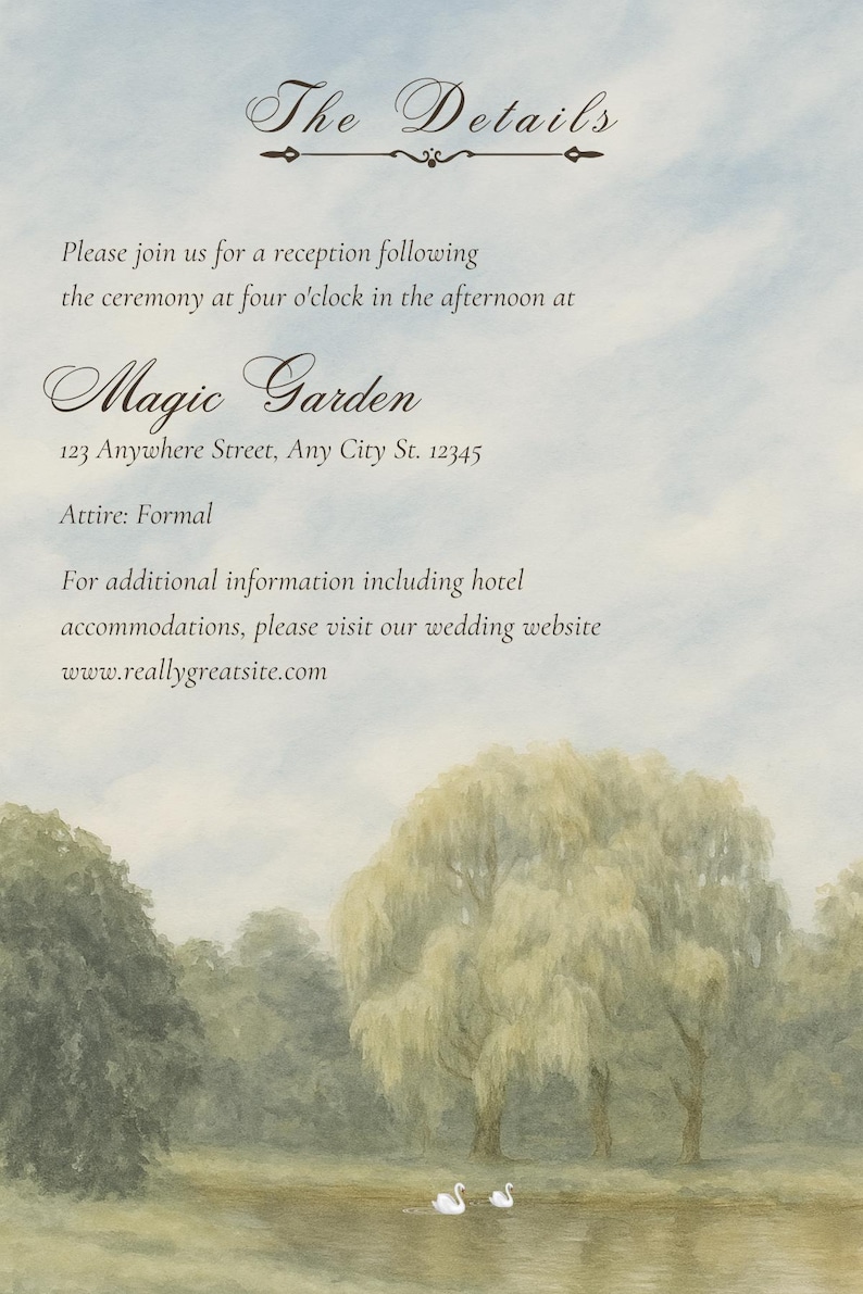 May include: Wedding invitation with a watercolor landscape scene. The text reads "The Details" at the top, followed by an invitation to a reception at "Magic Garden." Includes address, attire, and website information.