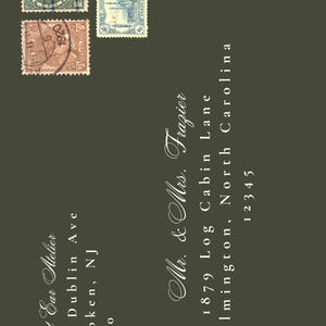 May include: An invitation design with three vintage postage stamps in green, blue, and brown. The text includes the names "Mr. & Mrs. Frazier" and the address "1879 Log Cabin Lane, Wilmington, North Carolina 12345."