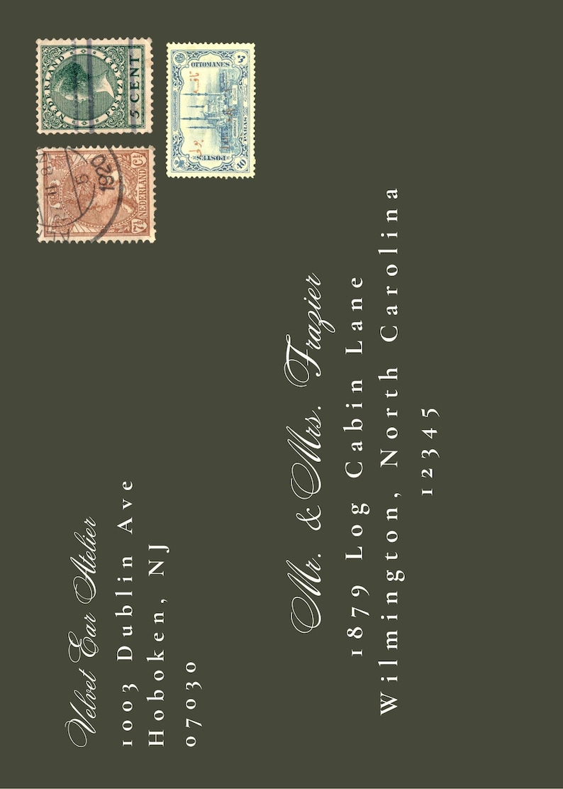 May include: An invitation design with three vintage postage stamps in green, blue, and brown. The text includes the names "Mr. & Mrs. Frazier" and the address "1879 Log Cabin Lane, Wilmington, North Carolina 12345."
