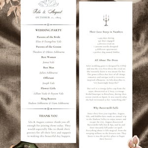 Peut inclure: Une invitation de mariage avec une calligraphie élégante. L'invitation comprend les noms Isla & August, la date du 11 octobre 1803 et les détails de la cérémonie. Une boîte à bagues avec trois bagues est en bas.