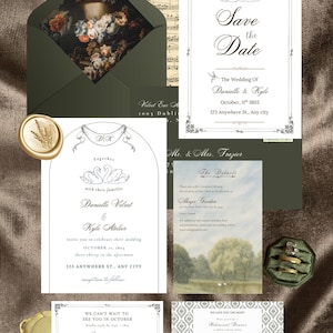 May include: Elegant wedding invitation suite featuring a dark green envelope with a floral painting, save-the-date card, invitation, details card, and RSVP card. The suite includes gold accents and a wax seal.