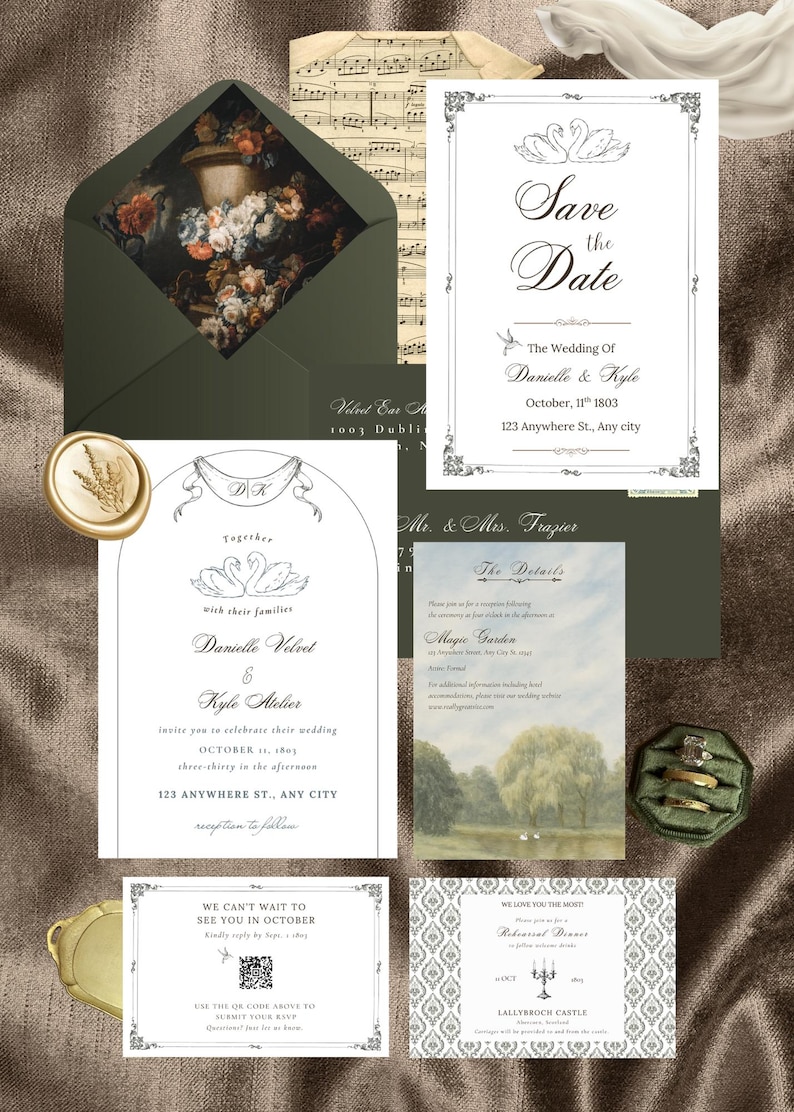 May include: Elegant wedding invitation suite featuring a dark green envelope with a floral painting, save-the-date card, invitation, details card, and RSVP card. The suite includes gold accents and a wax seal.