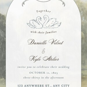 May include: Elegant wedding invitation with a watercolor background. Features a banner with initials, two swans, and the names Danielle Velvet & Kyle Atelier. Includes date, time, and address.