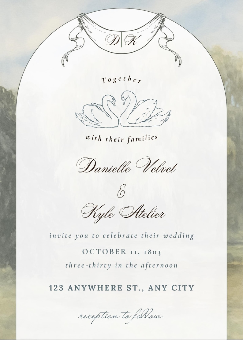 May include: Elegant wedding invitation with a watercolor background. Features a banner with initials, two swans, and the names Danielle Velvet & Kyle Atelier. Includes date, time, and address.
