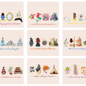 May include: A collection of nine square art prints featuring illustrated characters, objects, and landscapes from various stories. Each print includes a unique cursive quote at the bottom, such as someday my prince will come and when will my life begin.