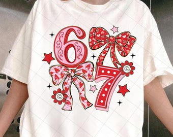 Funny Six Seven Coquette Bow Png, 67 Viral Internet Joke Design, Preppy Girly Floral Design, Trending Social Media Humor Png, 6 7 Valentine
