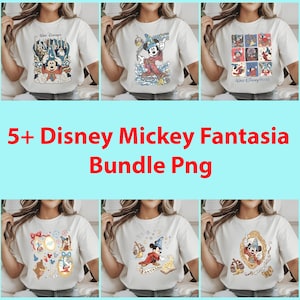 May include: A collection of six white t-shirts featuring various vintage-style Mickey Mouse designs from the Disney Fantasia series. The shirts showcase Mickey in different scenes, with the text "5+ Disney Mickey Fantasia Bundle Png" in red.