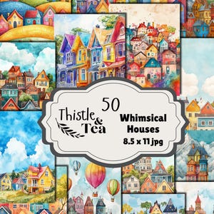 Puede incluir: Un collage de ilustraciones en acuarela con casas coloridas y caprichosas. La imagen incluye una etiqueta central que dice "Thistle & Tea" y "50 Whimsical Houses 8.5 x 11 jpg". Las casas son de varios estilos y colores, con globos aerostáticos en algunas escenas.