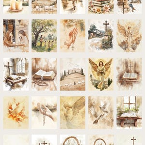 Experience the gentle beauty of faith with this 50-page Christian-themed junk journal paper set. Each 8.5 x 11" JPG is thoughtfully designed with vintage-inspired illustrations—peaceful churches, open Bibles, radiant doves, and serene countryside scenes—perfect for prayer journals, scrapbooking, and creative devotionals. Subtle watercolor textures and warm, nostalgic tones invite reflection and inspiration, making this collection a heartfelt addition to your spiritual crafting projects.