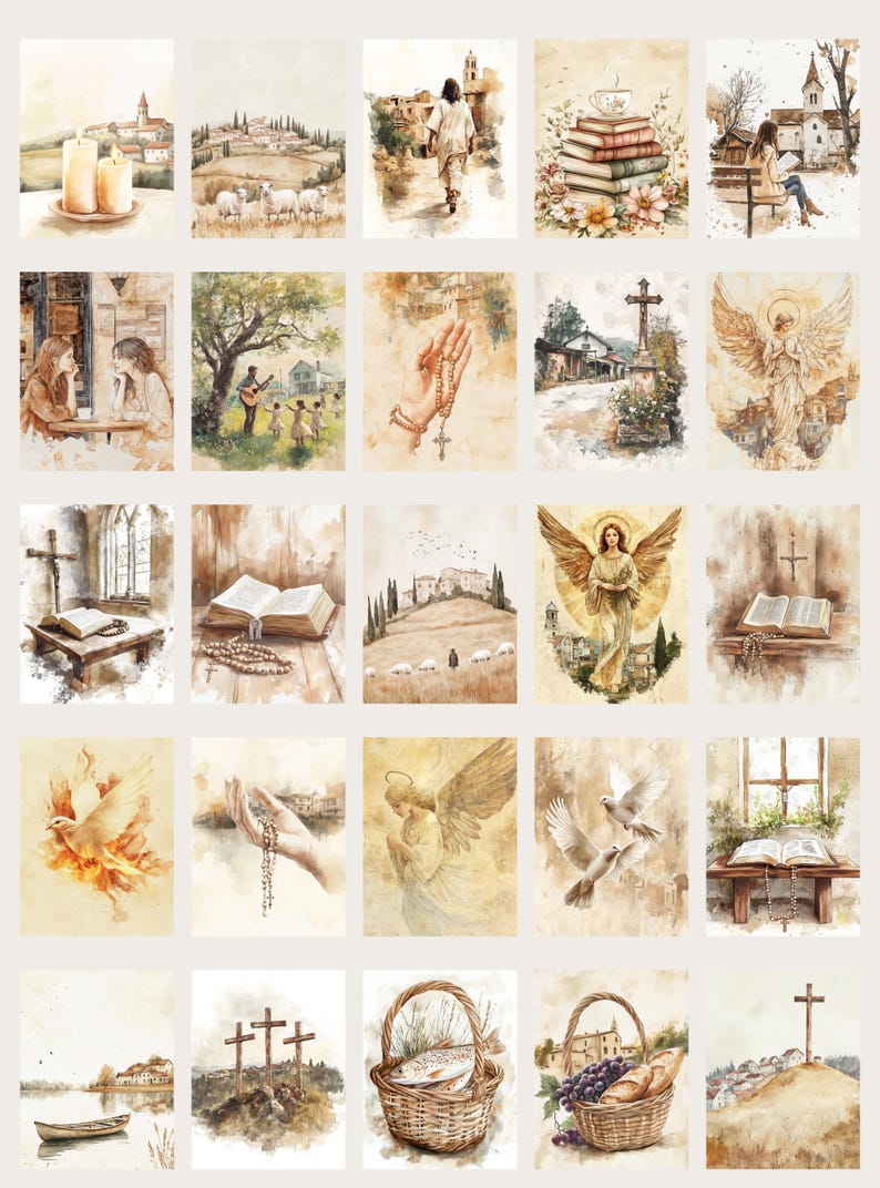 Experience the gentle beauty of faith with this 50-page Christian-themed junk journal paper set. Each 8.5 x 11" JPG is thoughtfully designed with vintage-inspired illustrations—peaceful churches, open Bibles, radiant doves, and serene countryside scenes—perfect for prayer journals, scrapbooking, and creative devotionals. Subtle watercolor textures and warm, nostalgic tones invite reflection and inspiration, making this collection a heartfelt addition to your spiritual crafting projects.