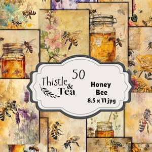 May include: A collage of watercolor illustrations featuring honey bees, sunflowers, lavender, and jars of honey. The text "Thistle & Tea" and "50 Honey Bee 8.5 x 11 jpg" are displayed on a white label.