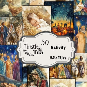 Puede incluir: Un collage de ilustraciones en acuarela que representan escenas de la Natividad. Las imágenes incluyen ángeles, palomas, la Sagrada Familia, los Reyes Magos y un bebé durmiendo. También está presente el texto "Thistle & Tea 50 Nativity 8.5 x 11.jpg".