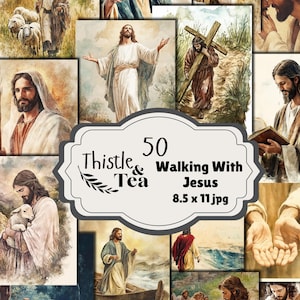 Könnte beinhalten: Eine Collage von Aquarellillustrationen, die Jesus in verschiedenen Szenen darstellen. Die Bilder zeigen Jesus mit einer Schafherde, beim Tragen eines Kreuzes und in einem Boot. Der Text "Thistle & Tea" und "50 Walking With Jesus 8,5 x 11.jpg" sind ebenfalls sichtbar.