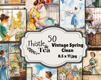 May include: A collage of watercolor illustrations with a vintage spring cleaning theme. The images depict women in retro attire performing household chores, such as washing dishes, hanging laundry, and cleaning. The text "Thistle & Tea" and "50 Vintage Spring Clean" is displayed.