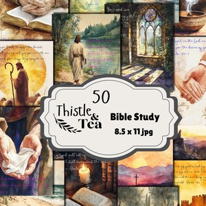Op de afbeelding: Een collage van aquarelbeelden met religieuze thema's, waaronder Jezus, open boeken en landschappen. De centrale afbeelding bevat de tekst "50 Thistle & Tea Bible Study 8.5 x 11 jpg."