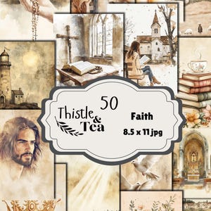 Puede incluir: Un collage de imágenes de acuarela con temática religiosa. Las imágenes incluyen una cruz, una iglesia, un faro y una corona. La imagen central tiene el texto "Thistle & Tea 50 Faith 8.5 x 11 jpg".