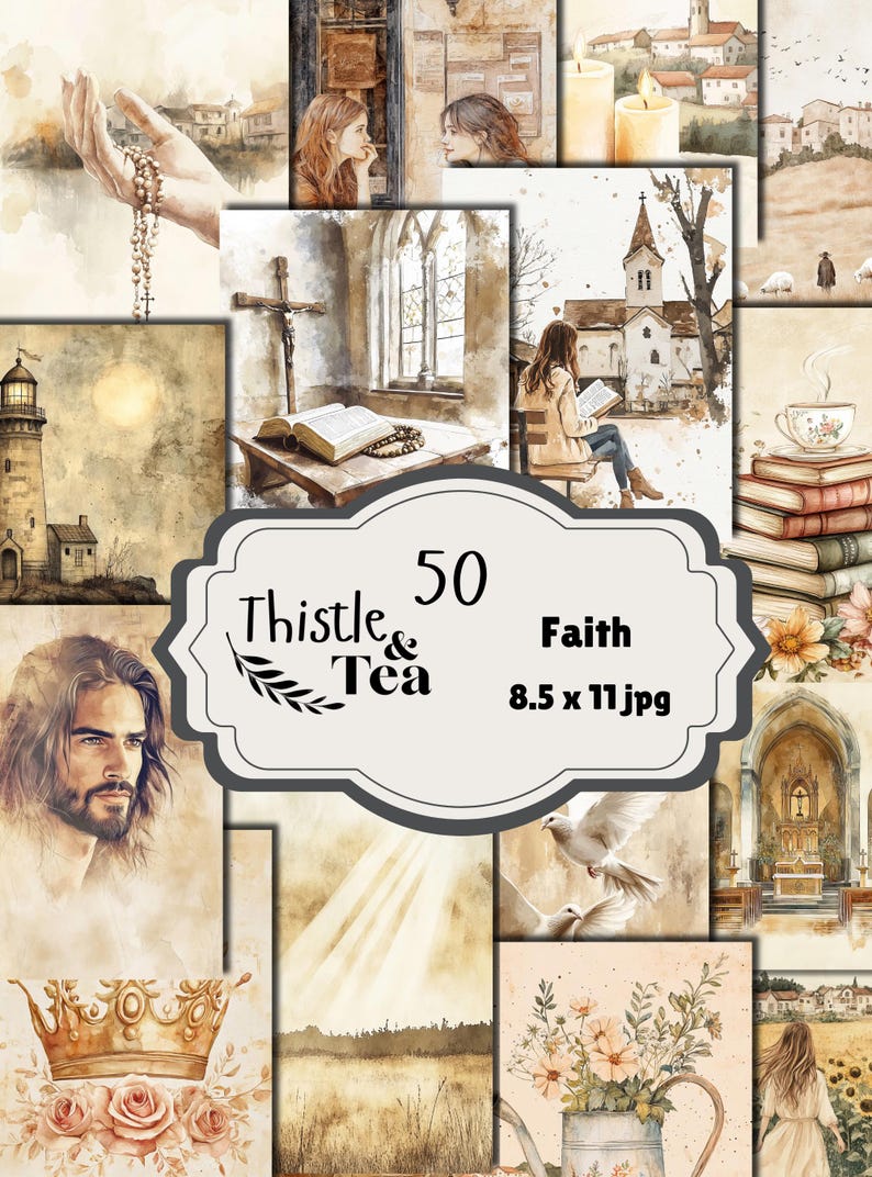 Experience the gentle beauty of faith with this 50-page Christian-themed junk journal paper set. Each 8.5 x 11" JPG is thoughtfully designed with vintage-inspired illustrations—peaceful churches, open Bibles, radiant doves, and serene countryside scenes—perfect for prayer journals, scrapbooking, and creative devotionals. Subtle watercolor textures and warm, nostalgic tones invite reflection and inspiration, making this collection a heartfelt addition to your spiritual crafting projects.