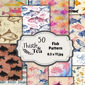 Può includere: Una collezione di motivi di pesci ad acquerello in vari colori, tra cui rosa, blu e giallo. L'immagine include il testo "50 Fish Pattern 8.5 x 11 jpg" e "Thistle & Tea". I disegni dei pesci sono diversi, alcuni su carta invecchiata.