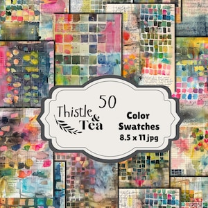 Peut inclure: Un collage d'échantillons de papier aquarelle aux couleurs variées, dont le rose, le bleu, le jaune et le vert. L'image comprend une étiquette indiquant "Thistle & Tea 50 Color Swatches 8.5 x 11 jpg."