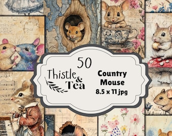 May include: A collage of watercolor illustrations featuring adorable mice in various scenes. The images include mice dressed in clothing, in a teacup, and in a tree hollow. The text reads "Thistle & Tea" and "Country Mouse 8.5 x 11 jpg".