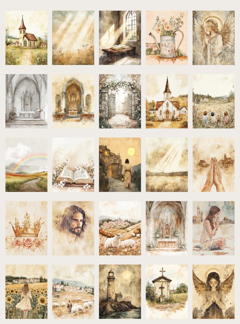 Experience the gentle beauty of faith with this 50-page Christian-themed junk journal paper set. Each 8.5 x 11" JPG is thoughtfully designed with vintage-inspired illustrations—peaceful churches, open Bibles, radiant doves, and serene countryside scenes—perfect for prayer journals, scrapbooking, and creative devotionals. Subtle watercolor textures and warm, nostalgic tones invite reflection and inspiration, making this collection a heartfelt addition to your spiritual crafting projects.