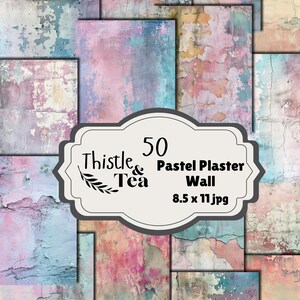 May include: A collection of 50 pastel plaster wall textures in various colors, including pink, blue, and beige. The image includes a decorative label with the text "Thistle & Tea" and "8.5 x 11 jpg".